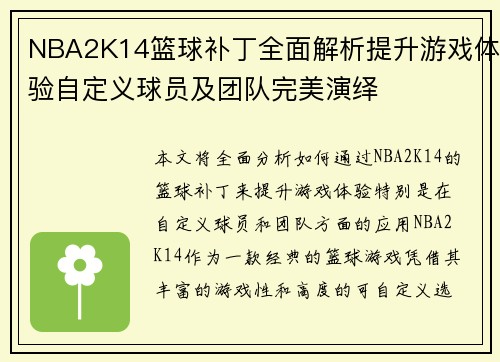 NBA2K14篮球补丁全面解析提升游戏体验自定义球员及团队完美演绎