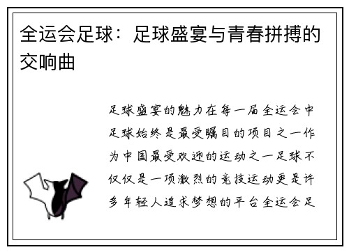 全运会足球：足球盛宴与青春拼搏的交响曲