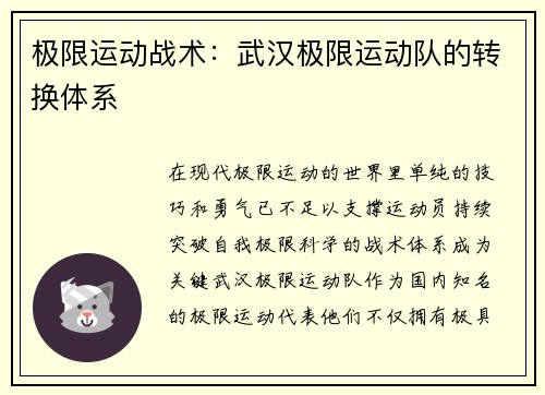 极限运动战术：武汉极限运动队的转换体系