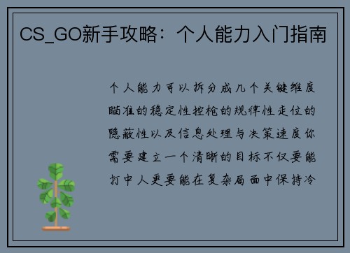 CS_GO新手攻略：个人能力入门指南