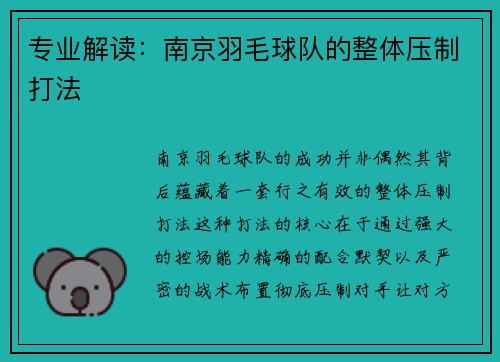 专业解读：南京羽毛球队的整体压制打法